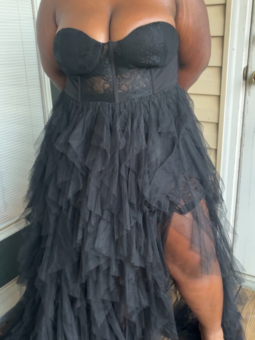 Fashion Nova Strapless Black Tulle Ruffle High-Low Gown - Picture 3 of 4